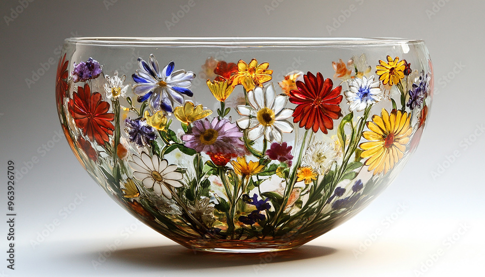 A beautiful glass bowl with colorful flower generated by AI A beautiful glass bowl with colorful flower generated by AI