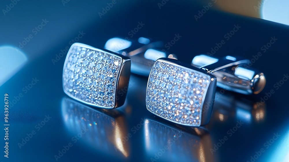 Diamond Cufflinks on Blue Background - Luxury Jewelry