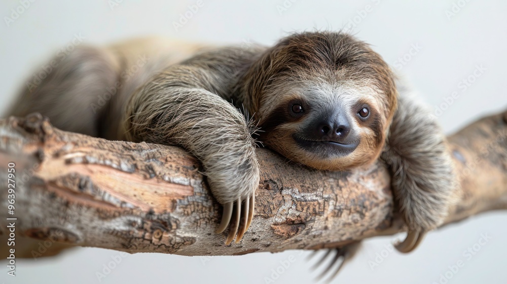Fototapeta premium Sloth Relaxing on Large Branch - Isolated on White Background