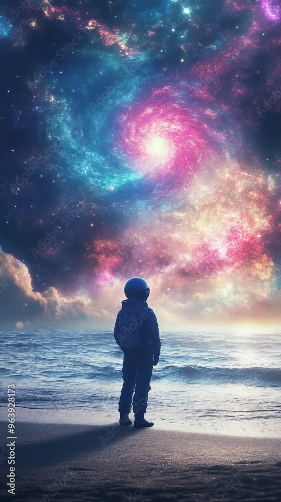 Obraz premium Astronaut gazing at vibrant galaxy over ocean