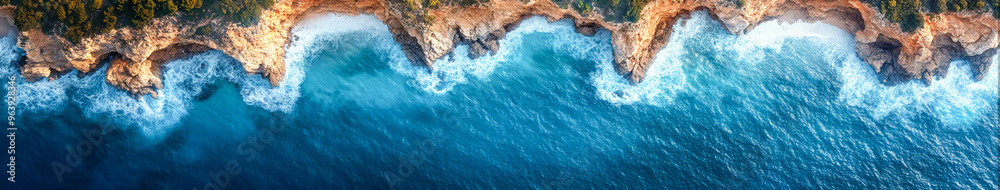 Aerial View of Dramatic Rugged Coastline with Cliffs and Crashing Waves - Hyper-Realistic Drone Shot Aerial View of Dramatic Rugged Coastline with Cliffs and Crashing Waves - Hyper-Realistic Drone Shot