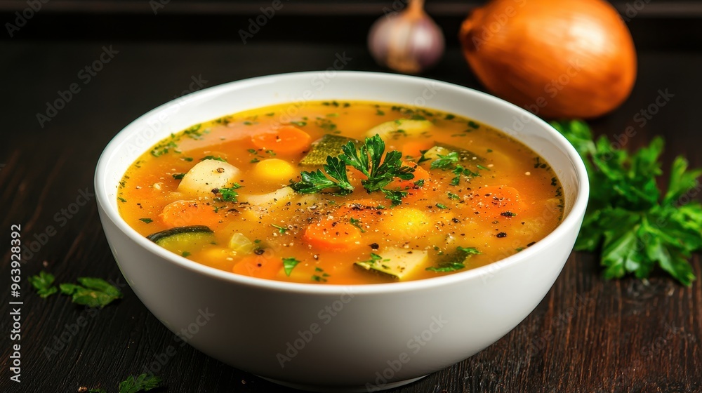 Delicious Vegetable Soup in White Bowl on Wooden Table Delicious Vegetable Soup in White Bowl on Wooden Table