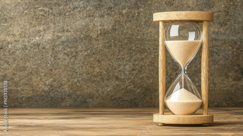 Hourglass Sand Timer on Wooden Table with Rustic Background photo