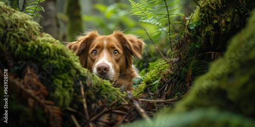 A Duck Tolling Retriever peers through moss-laden trees in a forest during a hiking excursion. photo