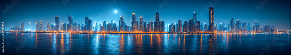 Obraz premium Serene Moonlit Cityscape with Glowing Skylines and Water Reflections - Urban Night Scenery 