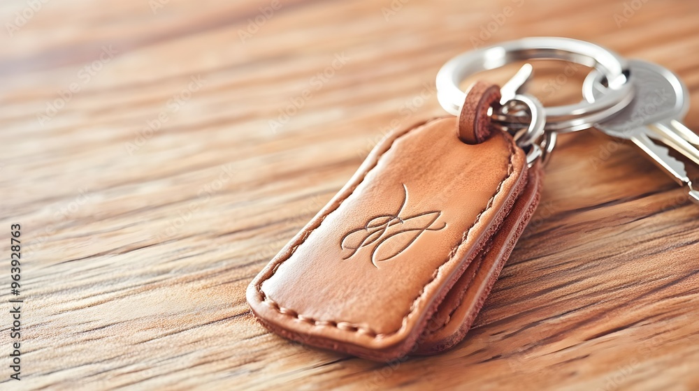 Leather Key Chain with Initials on Wooden Table