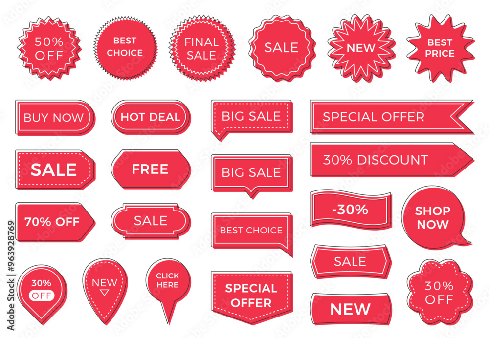 Obraz premium Red price tags, labels and ribbons, sale banners, vector eps10 illustration