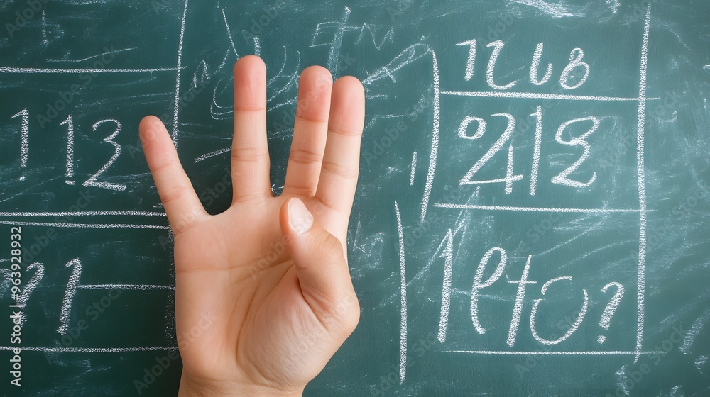 Counting Fingers: A hand showing three fingers against a chalkboard with math equations.
Counting Fingers: A hand showing three fingers against a chalkboard with math equations.