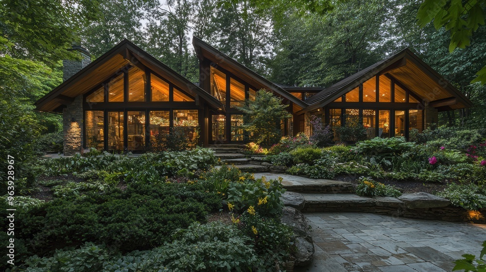 Modern House with Large Windows and Stone Patio Surrounded by Lush Greenery