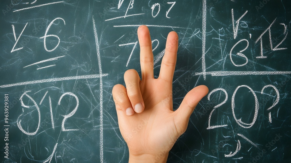 Counting Fingers: A hand showing three fingers against a chalkboard with math equations.
Counting Fingers: A hand showing three fingers against a chalkboard with math equations.