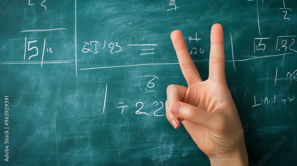 Counting Fingers: A hand showing three fingers against a chalkboard with math equations.
Counting Fingers: A hand showing three fingers against a chalkboard with math equations.
