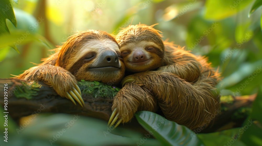 Obraz premium Adorable Cartoon Sloths: Mother and Baby on Rainforest Branch, Sleeping Funny Sloth on Jungle Tree - Vector Set