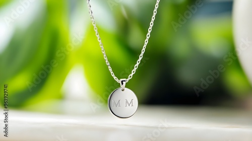 Silver Necklace with Initial Charm - Green Background photo