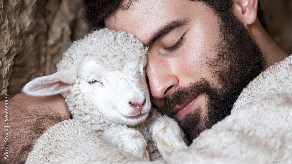 Man and Lamb Sleeping Together in Peaceful Embrace Man and Lamb Sleeping Together in Peaceful Embrace