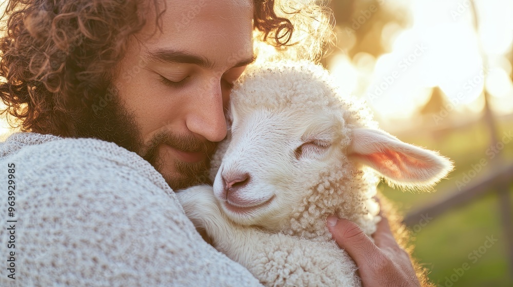 Man Holding Lamb Close Up Eyes Closed Love Gentle Care Compassionate Man Holding Lamb Close Up Eyes Closed Love Gentle Care Compassionate