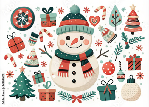 Cute Christmas illustration featuring a snowman with festive decorations and gifts

