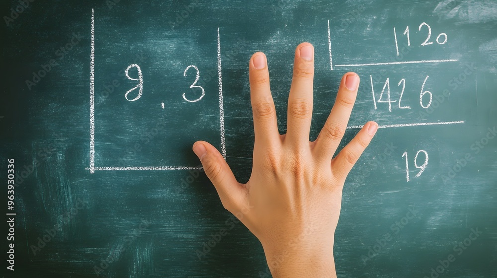 Counting Fingers: A hand showing three fingers against a chalkboard with math equations.
Counting Fingers: A hand showing three fingers against a chalkboard with math equations.