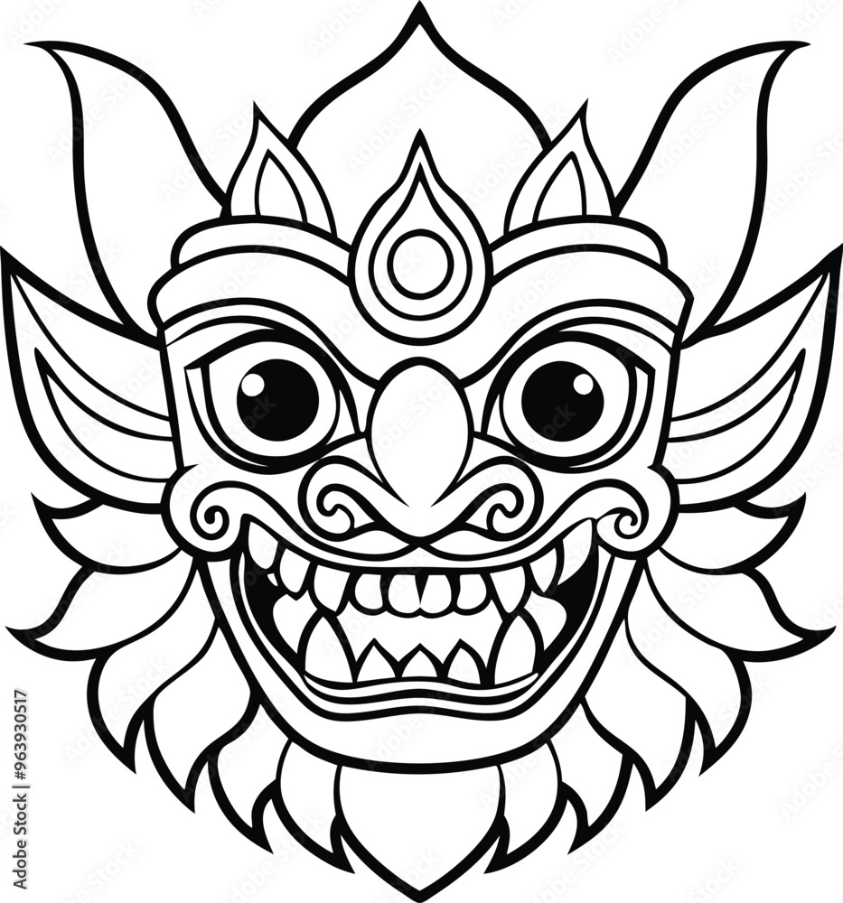 Barong mask line art vector illustration 