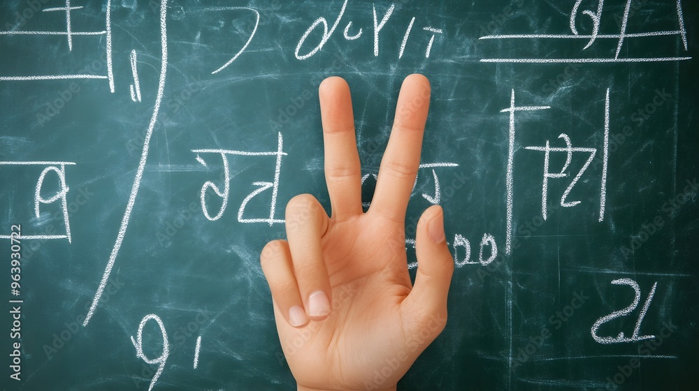 Counting Fingers: A hand showing three fingers against a chalkboard with math equations.
Counting Fingers: A hand showing three fingers against a chalkboard with math equations.