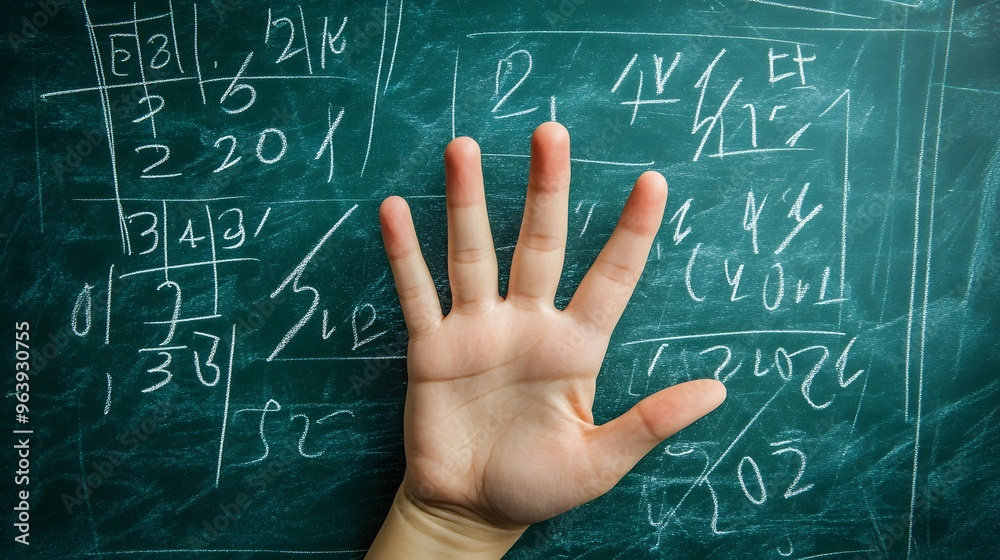 Counting Fingers: A hand showing three fingers against a chalkboard with math equations.
Counting Fingers: A hand showing three fingers against a chalkboard with math equations.