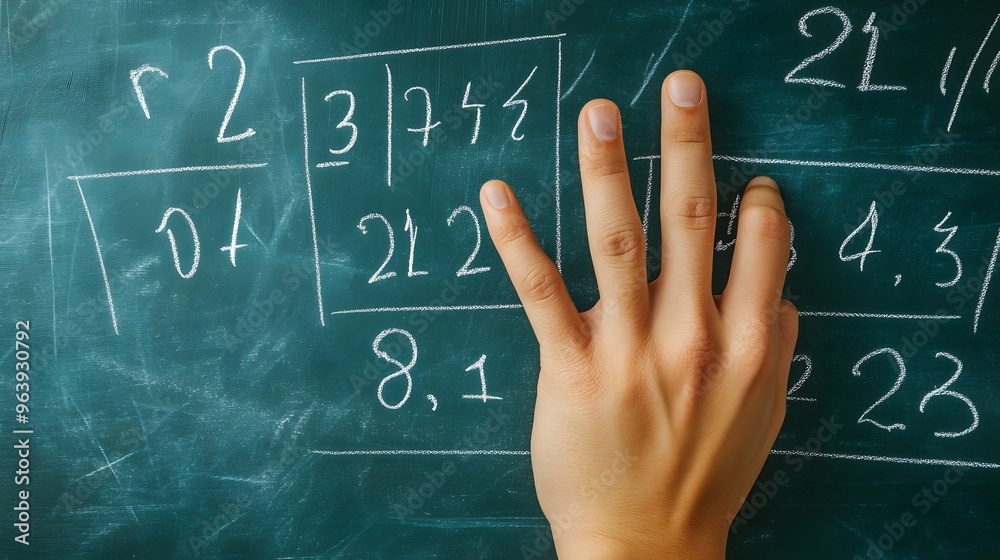 Counting Fingers: A hand showing three fingers against a chalkboard with math equations.
Counting Fingers: A hand showing three fingers against a chalkboard with math equations.