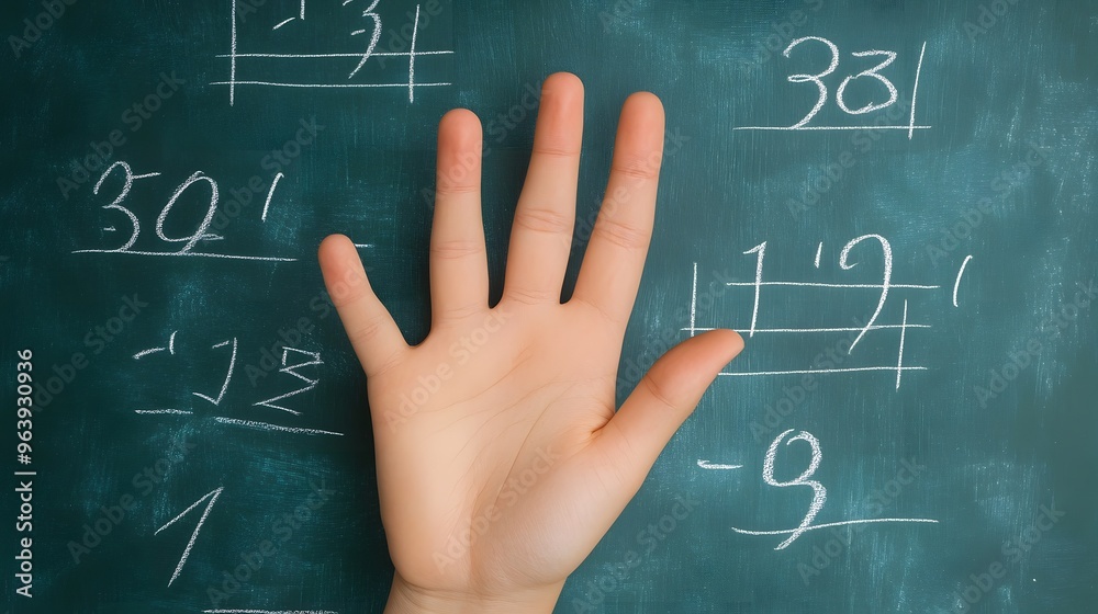 Counting Fingers: A hand showing three fingers against a chalkboard with math equations.
Counting Fingers: A hand showing three fingers against a chalkboard with math equations.