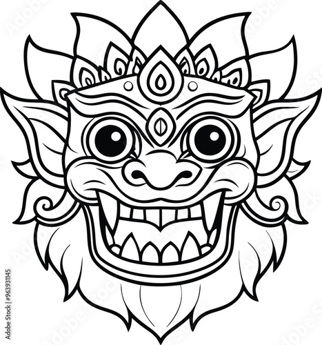 Barong mask line art vector illustration 