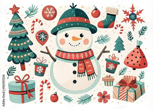 Cute Christmas illustration featuring a snowman with festive decorations and gifts

