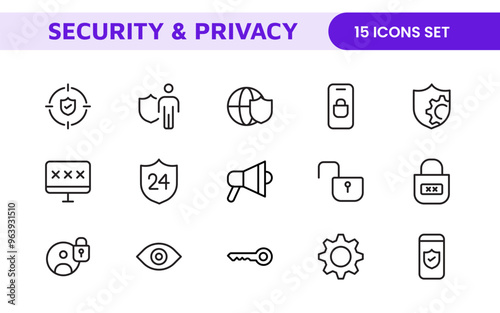 Set of Security web icons in line style. Guard, cyber security, password, smart home, safety, data protection, key, shield, lock, unlock, eye access. Security outline icon set.