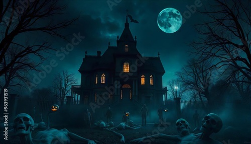 Haunted Victorian Nightmare: A forbidding mansion bathed in eerie moonlight, surrounded by undead ghouls - a chilling Halloween scene. 