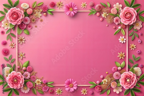 Beautiful pink floral border frame with flowers and leaves on vibrant pink background