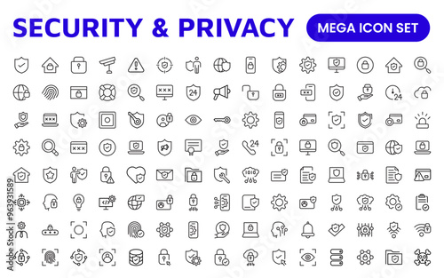Set of Security web icons in line style. Guard, cyber security, password, smart home, safety, data protection, key, shield, lock, unlock, eye access. Security outline icon set.