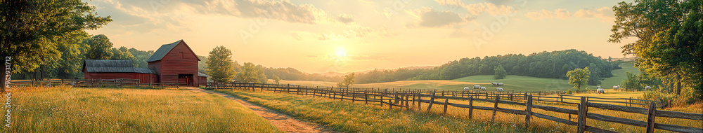 Tranquil Rural Scene: Idyllic Traditional Farm with Barns, Livestock, and Green Pastures for Design Tranquil Rural Scene: Idyllic Traditional Farm with Barns, Livestock, and Green Pastures for Design