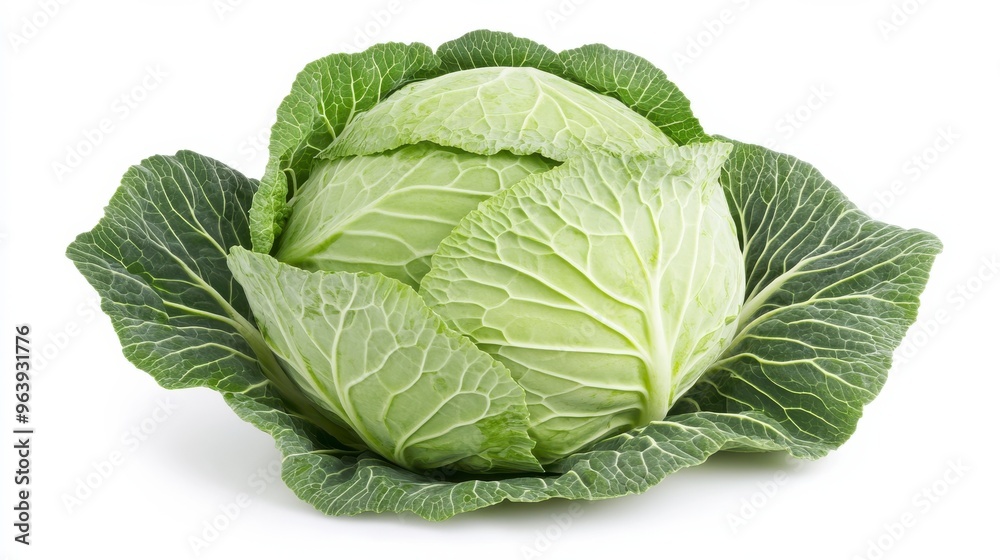 Fototapeta premium Fresh green cabbage with vibrant leaves, perfect for salads, cooking, or garnishing dishes. A healthy addition to any meal.