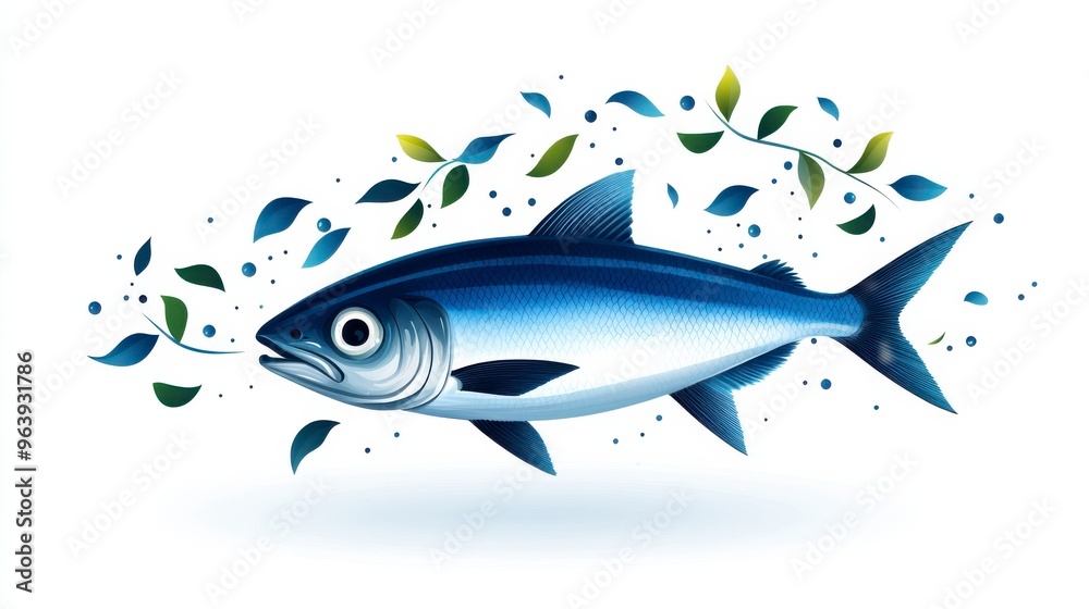 Obraz premium Vibrant illustration of a fish surrounded by leaves, capturing the beauty of marine life and nature's harmony.