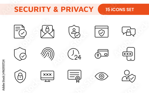 Set of Security web icons in line style. Guard, cyber security, password, smart home, safety, data protection, key, shield, lock, unlock, eye access. Security outline icon set.