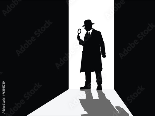 A detective in an open doorway, holding a magnifying glass.