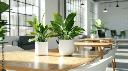 Modern Office Interior with Plants and Wooden Table