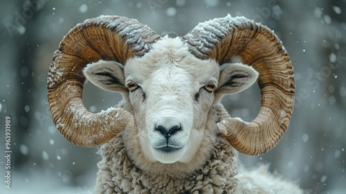 Playful Skudde Sheep: Amusing Young Ram on Winter Farm photo