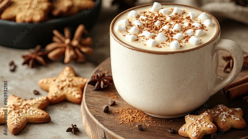 A mug of hot chocolate with marshmallows and cinnamon. This photo is perfect for holiday season recipes and drink ideas. A mug of hot chocolate with marshmallows and cinnamon. This photo is perfect for holiday season recipes and drink ideas.