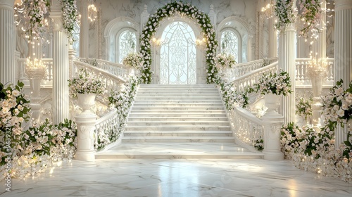Grand Wedding Ceremony Venue With White Flowers and Marble Staircase