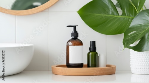 A peaceful bathroom scene featuring elegant skincare bottles on a wooden tray with lush green leaves for a refreshing ambiance.