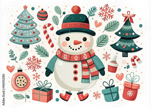 Cute Christmas illustration featuring a snowman with festive decorations and gifts

