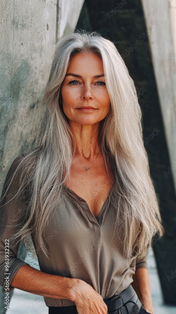 Fototapeta premium Beautiful Charming 55 year old tall woman supermodel outdoors outdoor park