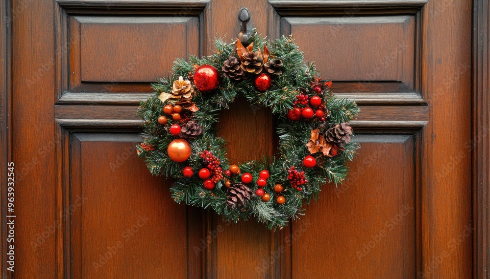 A Christmas wreath hangs on a brown wooden door. This image is perfect for greeting cards, social media posts, or website banners. A Christmas wreath hangs on a brown wooden door. This image is perfect for greeting cards, social media posts, or website banners.