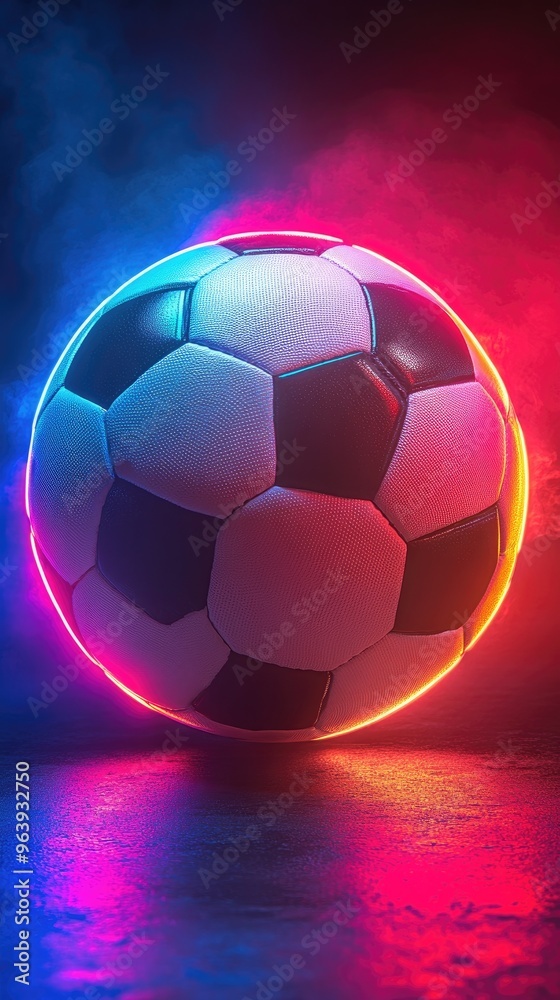 Fototapeta premium Soccer ball with neon lights. This image showcases a classic soccer ball with a neon glow, perfect for sports, gaming, and entertainment themes.