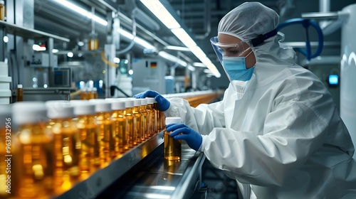 Pharmaceutical Worker Inspects Bottles Production Line Safety Precautions Hygiene Equipment. AI Generated