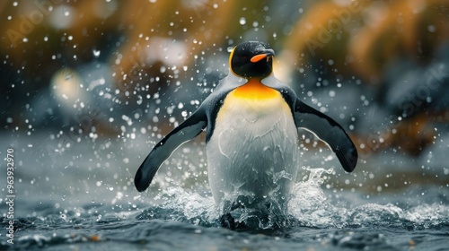 King Penguin Emerges from Ocean Waters in Falkland Island Wildlife Scene - Funny Nature Image