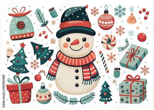 Cute Christmas illustration featuring a snowman with festive decorations and gifts


