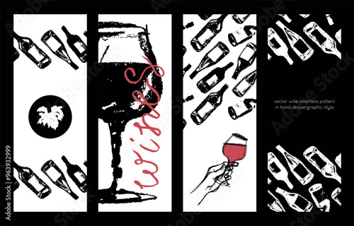 Template wine banners set. Hand-drawn wine bottles pattern seamless. Vector bottles of wine background. Chalk sketches for label, packaging design, wine tasting poster, winery tour brochure design.